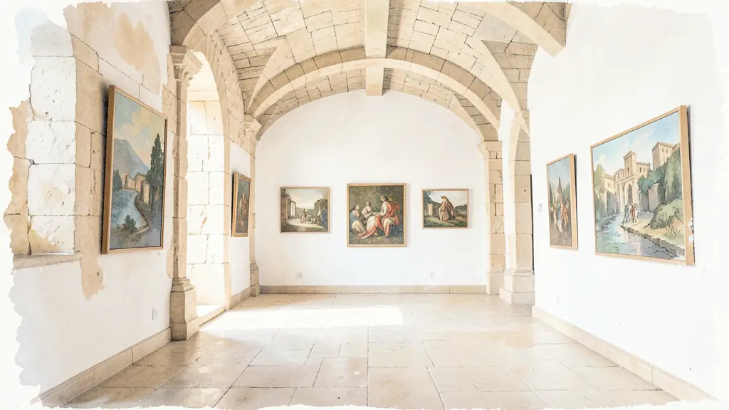 Editorial photograph of the interior of a Renaissance castle with contemporary paintings on white walls, soft natural light hitting the tuffeau stone, wide shot showing the contrast between ancient architecture and modern art