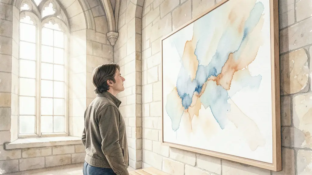 Close-up of a visitor contemplating a large contemporary canvas in a high-ceilinged castle room, soft light streaming from a tall window, focusing on the texture of the painting and the stone wall