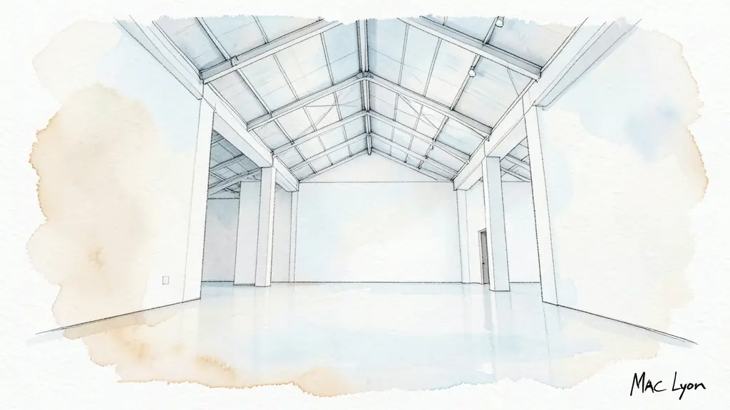 Editorial photography of the MAC Lyon architecture, wide shot of a bright white gallery space with high ceilings and minimalist industrial lines