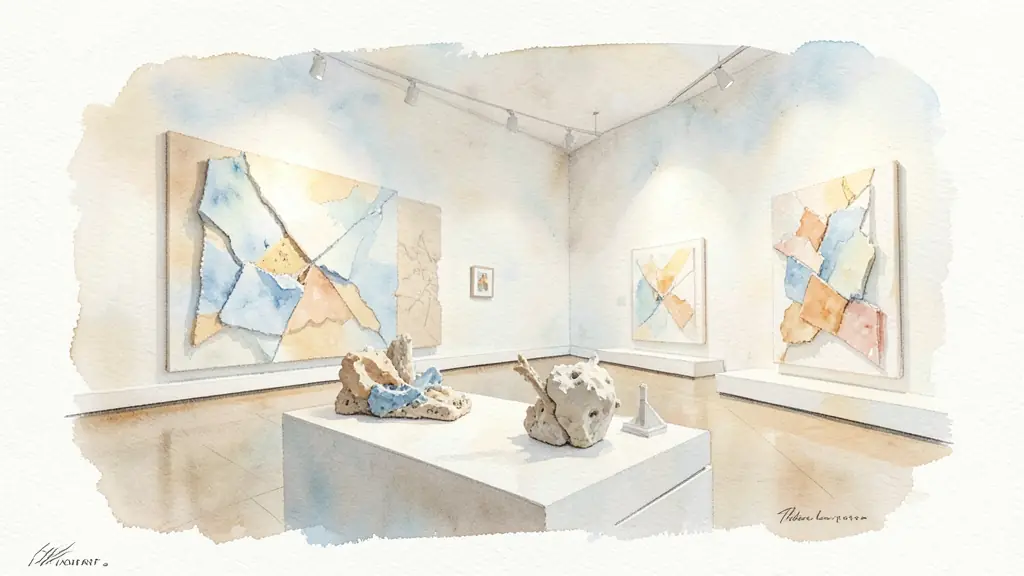 Editorial photography of a contemporary art installation in a museum, focusing on mixed media materials and creative lighting
