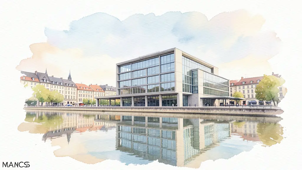 Editorial photography of the MAMCS building architecture, modern glass and concrete structure reflecting in the Ill river, Strasbourg city background