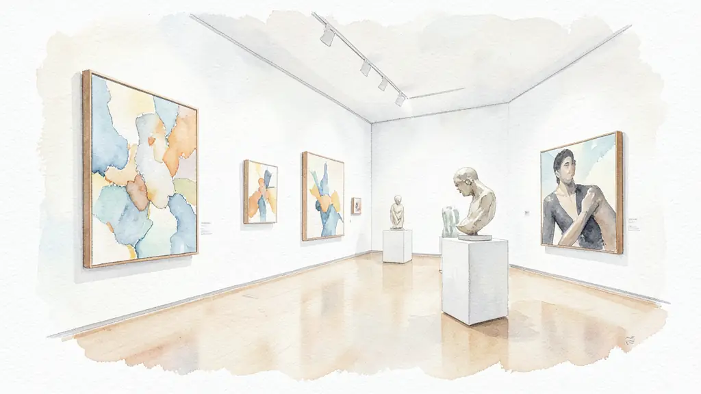Editorial photography of a museum gallery, featuring a mix of large abstract paintings and modern sculptures, soft museum lighting, white walls