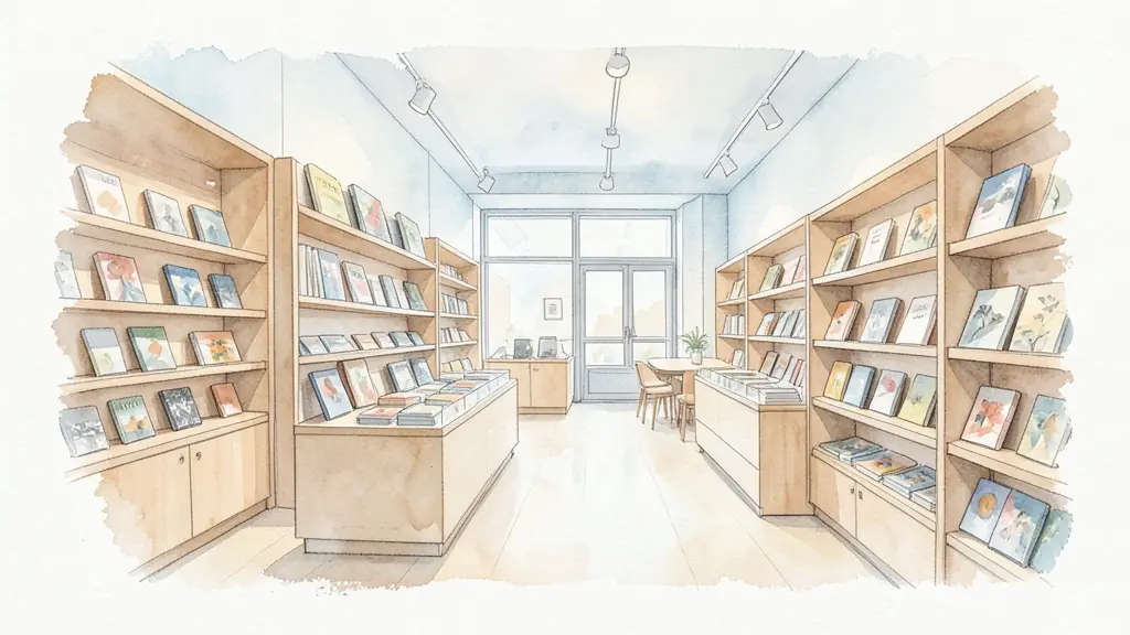 Editorial photography of a modern museum bookstore and café area, minimalist design, art books on shelves, warm atmosphere
